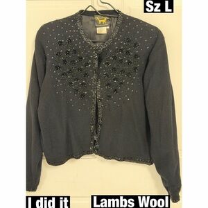 Women's Vintage Lambs Wool Black Beaded Sequined Sweater